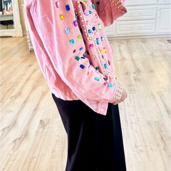 Pink Jeweled Mineral-Wash Denim Jacket Embellished Pink Jacket - Picture 2 of 4